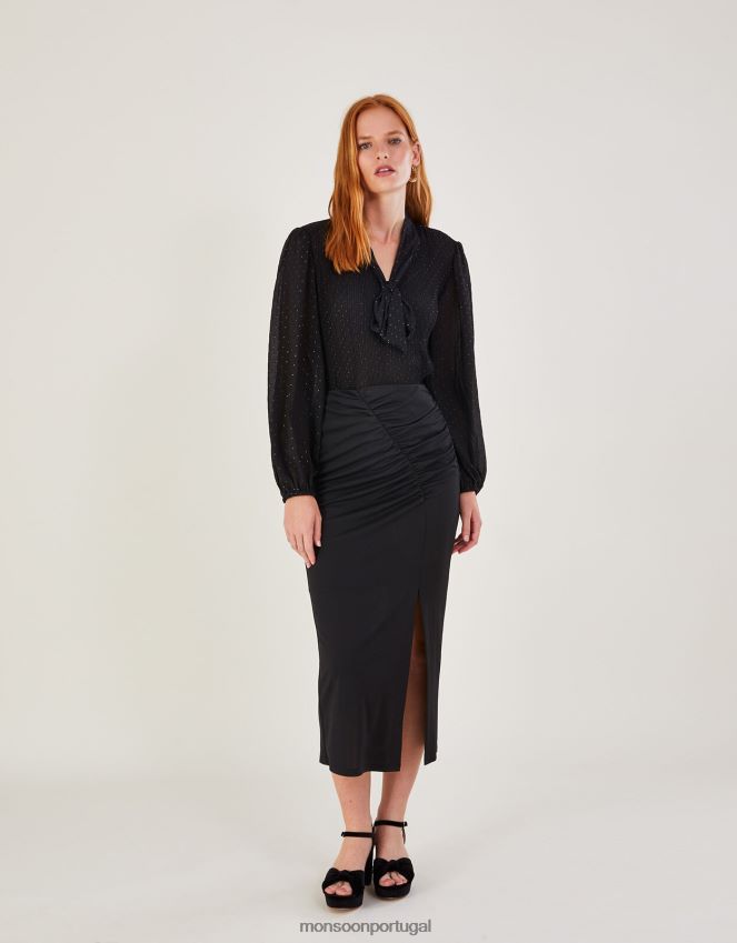 roupas saia de crepe com babados Monsoon mulheres preto RPLH8F463