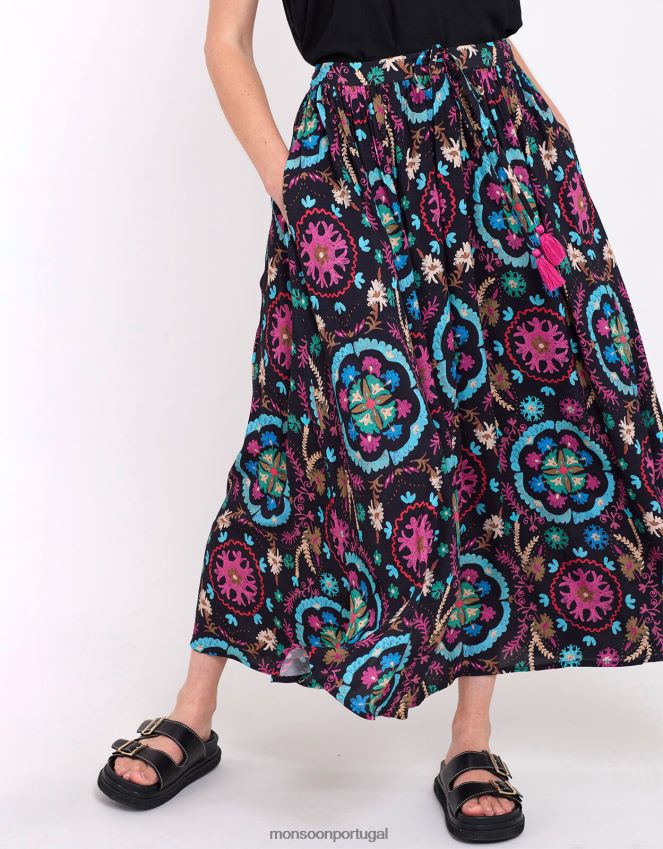 roupas saia estampada east preeti Monsoon mulheres preto RPLH8F457