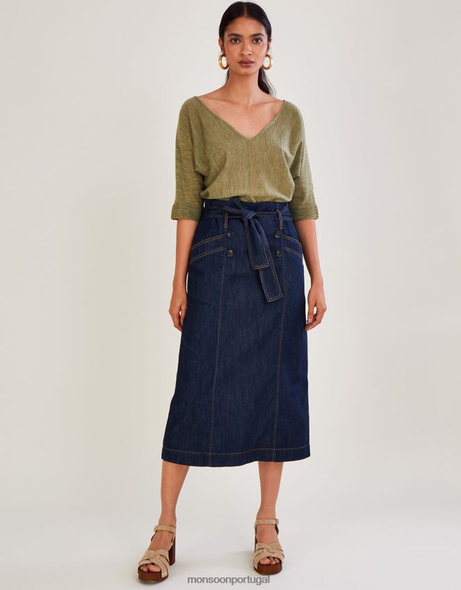 roupas saia jeans com cinto e botão na frente Monsoon mulheres azul (índigo) RPLH8F1122
