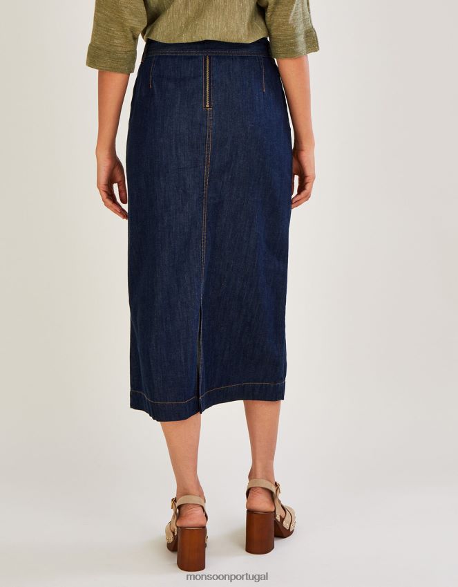 roupas saia jeans com cinto e botão na frente Monsoon mulheres azul (índigo) RPLH8F1122