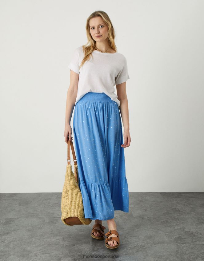 roupas saia maxi tier boho foil Monsoon mulheres azul RPLH8F1134