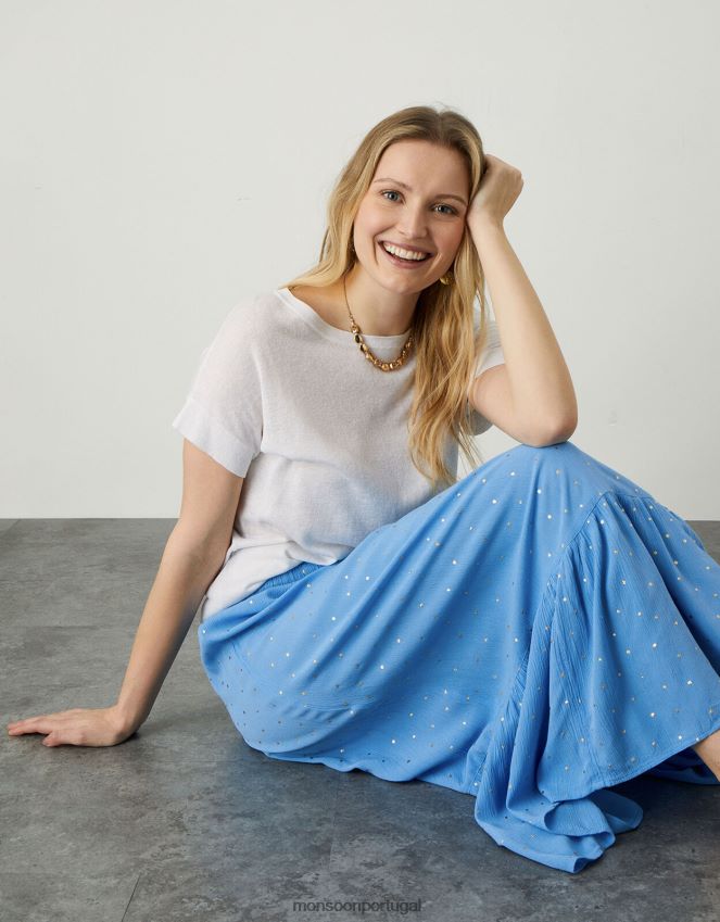 roupas saia maxi tier boho foil Monsoon mulheres azul RPLH8F1134