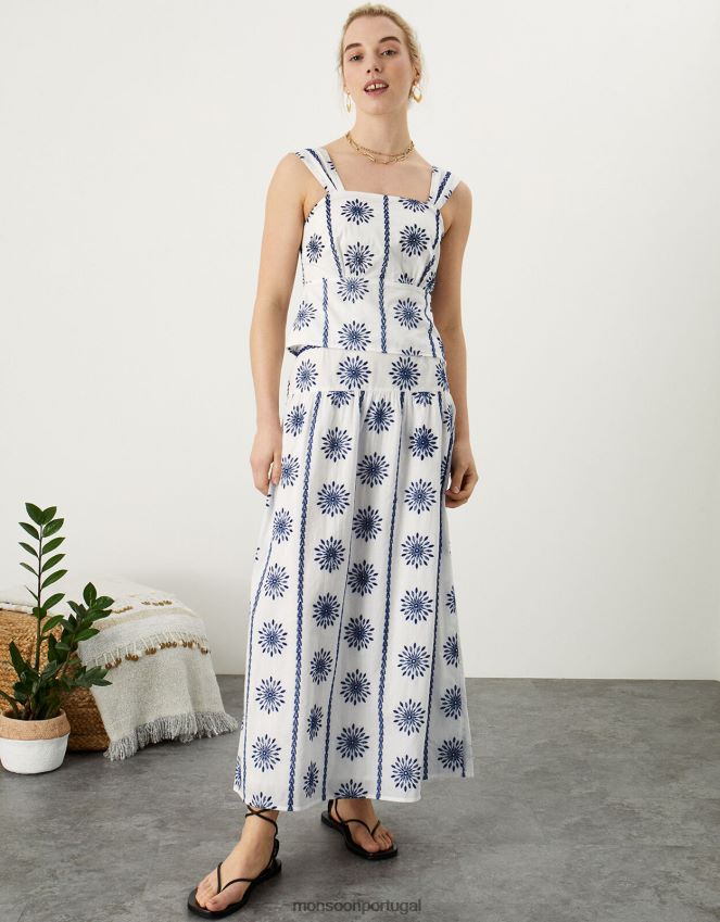roupas saia midi bordada com algodão sustentável Monsoon mulheres azul RPLH8F955