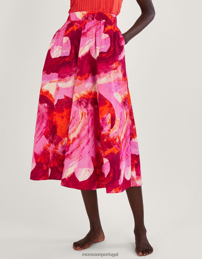 roupas saia midi com estampa abstrata khari Monsoon mulheres rosa RPLH8F362