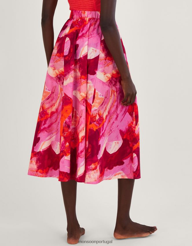 roupas saia midi com estampa abstrata khari Monsoon mulheres rosa RPLH8F362