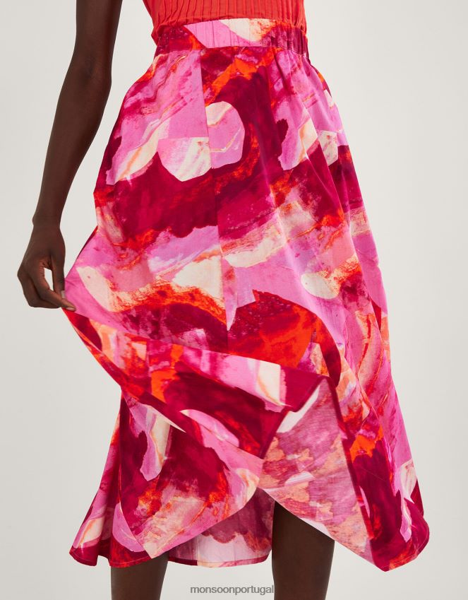 roupas saia midi com estampa abstrata khari Monsoon mulheres rosa RPLH8F362