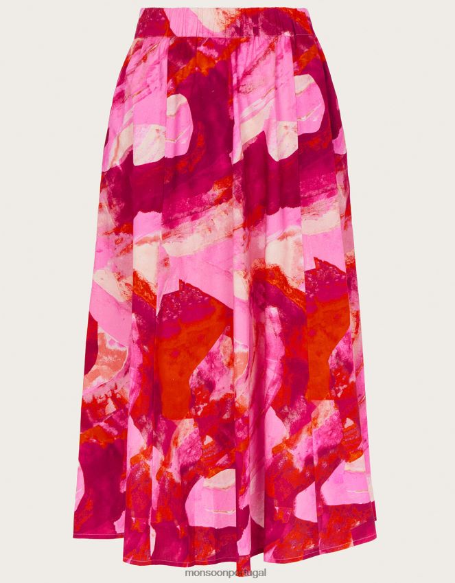 roupas saia midi com estampa abstrata khari Monsoon mulheres rosa RPLH8F362