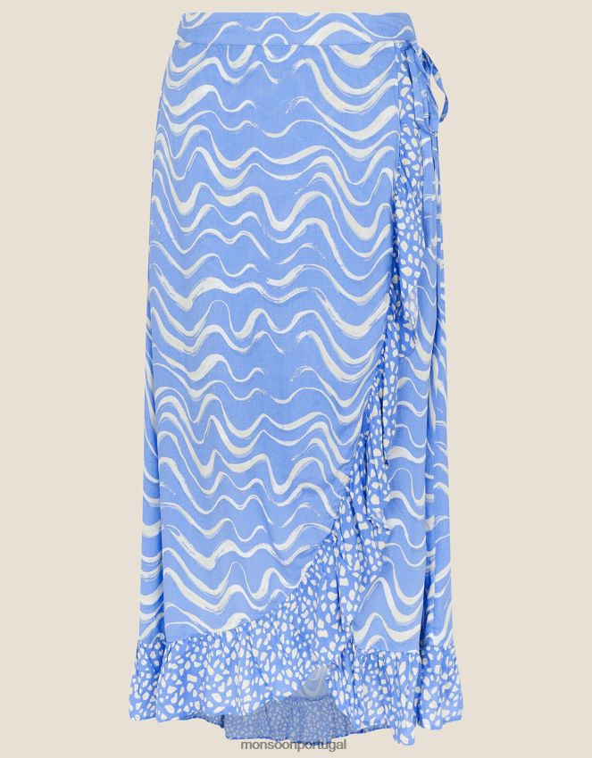 roupas saia midi com estampa onda Monsoon mulheres azul RPLH8F1057