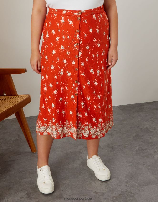 roupas saia midi floral com botões laterais Monsoon mulheres vermelho RPLH8F2790