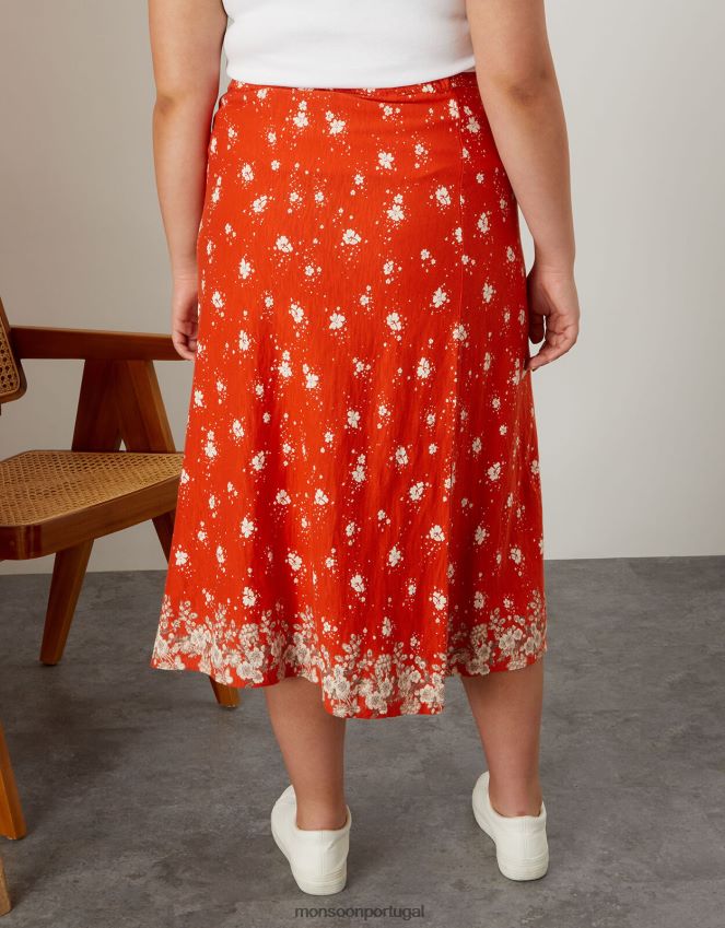 roupas saia midi floral com botões laterais Monsoon mulheres vermelho RPLH8F2790