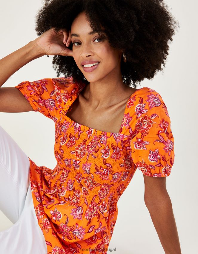 roupas Top corpete franzido com estampa floral em algodão sustentável Monsoon mulheres laranja RPLH8F480
