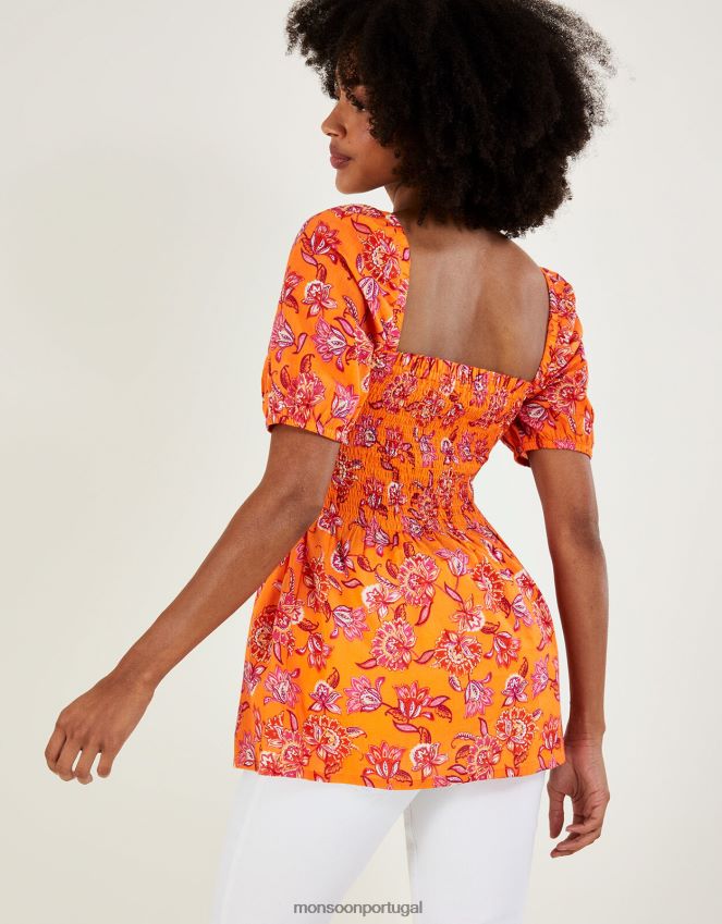 roupas Top corpete franzido com estampa floral em algodão sustentável Monsoon mulheres laranja RPLH8F480