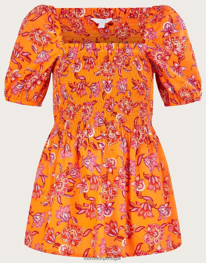 roupas Top corpete franzido com estampa floral em algodão sustentável Monsoon mulheres laranja RPLH8F480