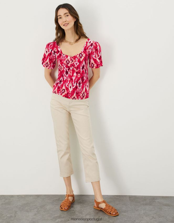 roupas Top ikat com gola quadrada e estampa em algodão sustentável Monsoon mulheres vermelho RPLH8F924