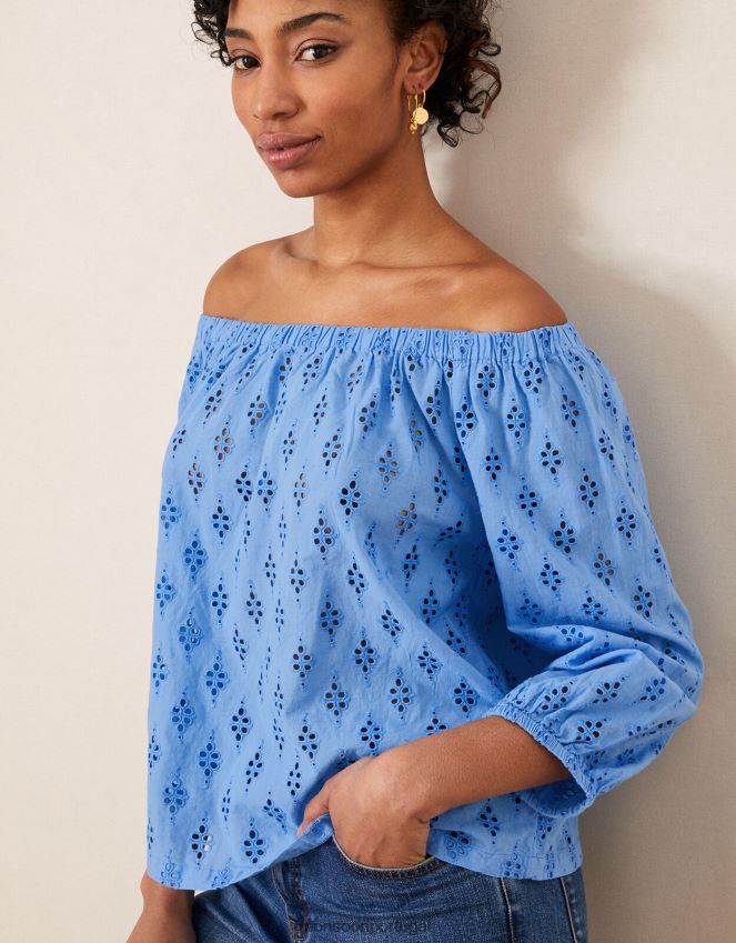 roupas blusa bardot com manga curta Schiffli Monsoon mulheres azul RPLH8F1016