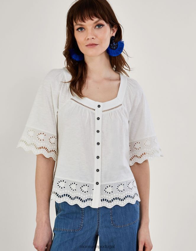 roupas blusa com botões e acabamento bordado Monsoon mulheres marfim RPLH8F215