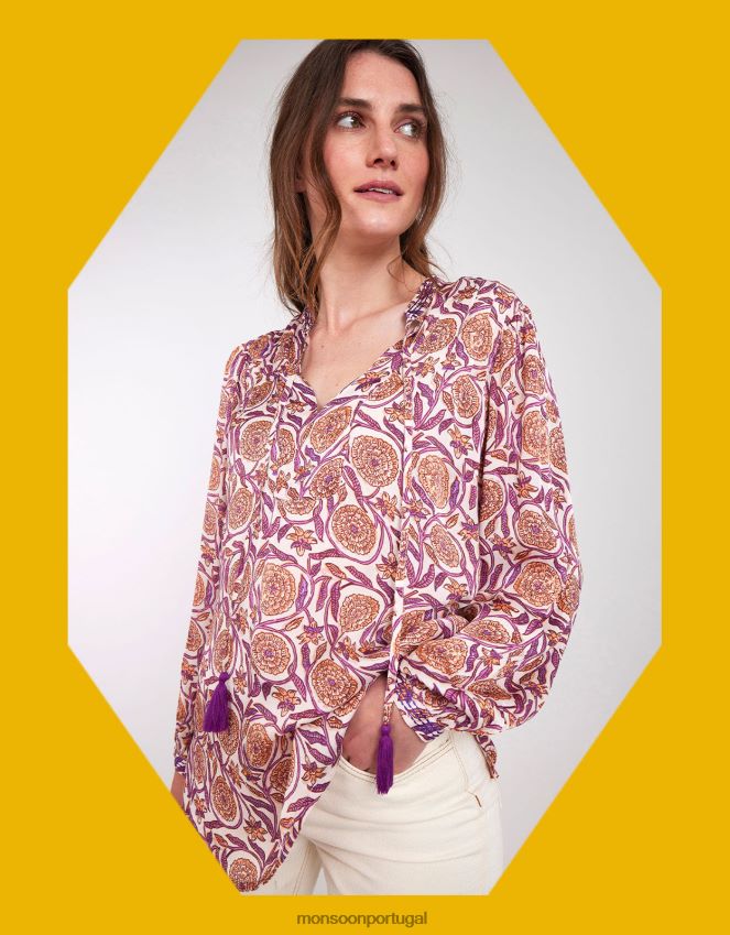 roupas blusa de cetim com estampa east alex Monsoon mulheres natural (cru) RPLH8F467