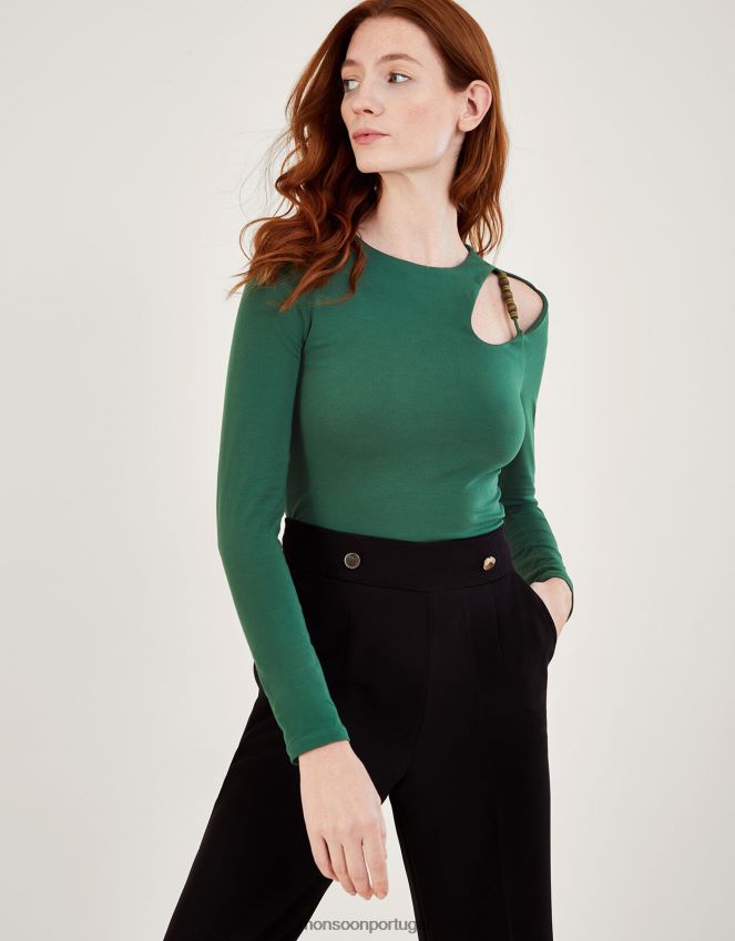 roupas blusa de jérsei com detalhes recortados e miçangas Monsoon mulheres verde (cáqui) RPLH8F370