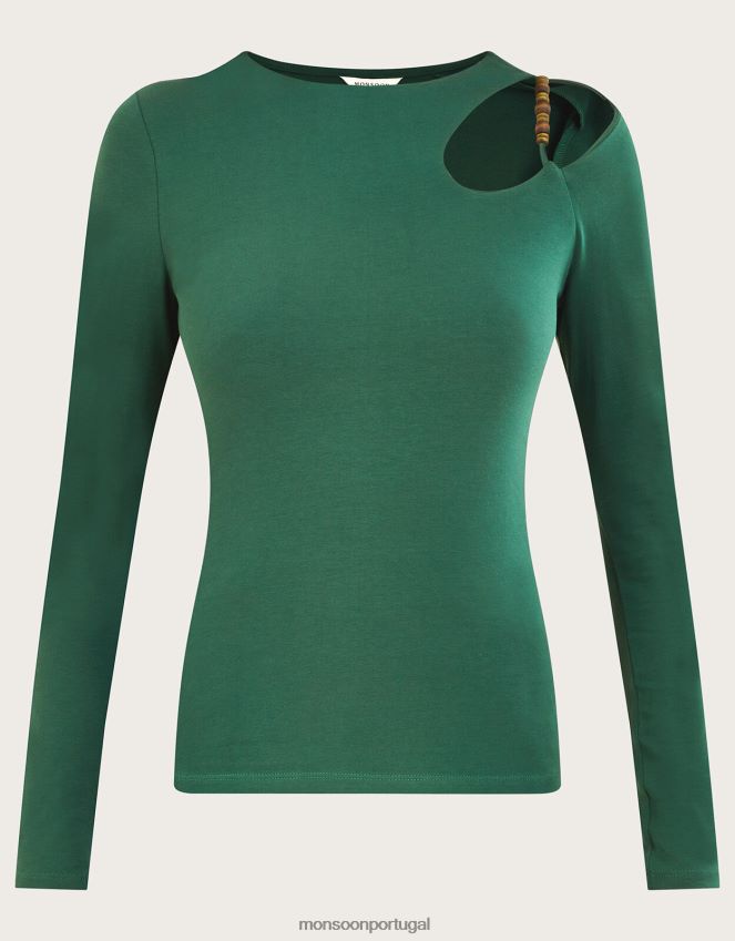 roupas blusa de jérsei com detalhes recortados e miçangas Monsoon mulheres verde (cáqui) RPLH8F370
