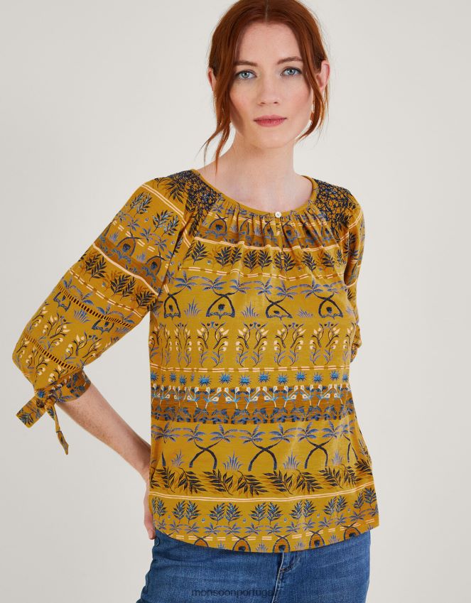 roupas blusa de jérsei com estampa de folhas inteiras Monsoon mulheres ocre amarelo) RPLH8F566