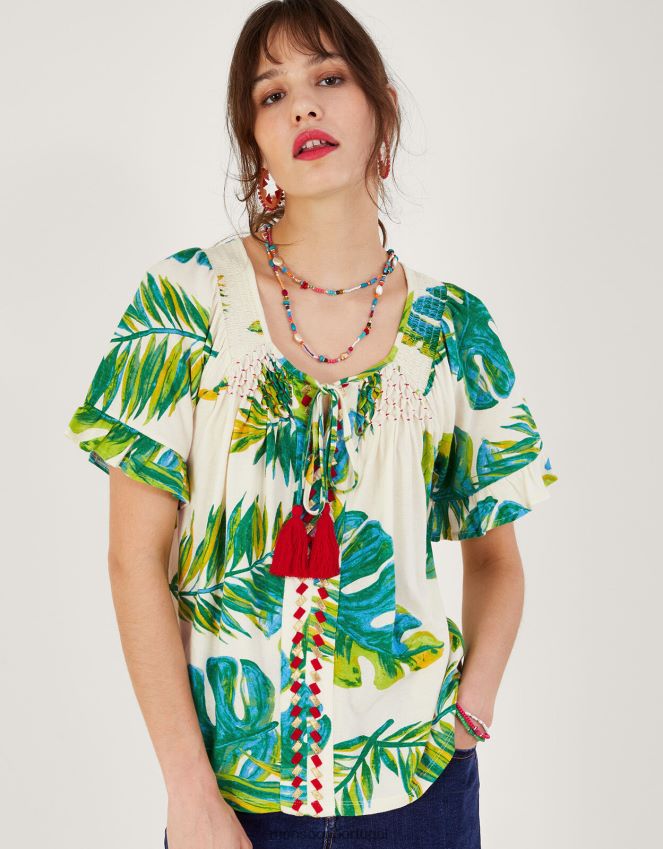roupas blusa de jérsei com estampa de palma Monsoon mulheres marfim RPLH8F968