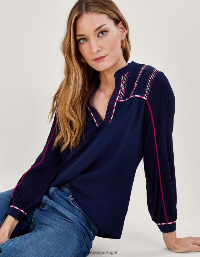 roupas blusa de jérsei com manga de fita bordada Monsoon mulheres azul-marinho) RPLH8F1037
