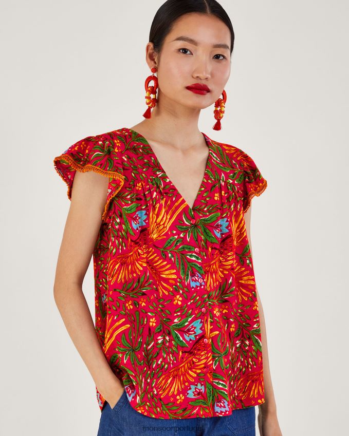 roupas blusa de jersey com estampa de folhas em mistura de linho Monsoon mulheres vermelho RPLH8F688
