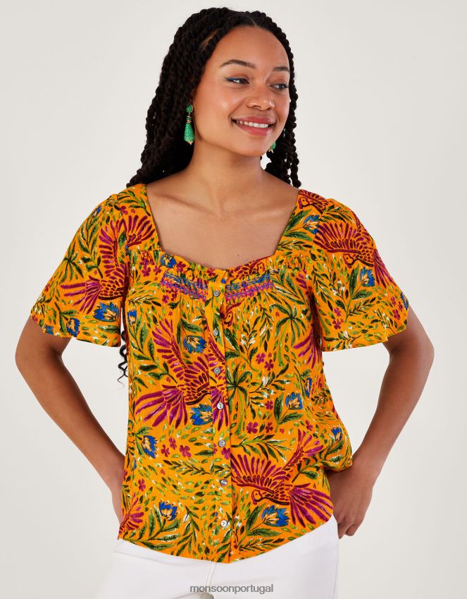 roupas blusa de manga curta com estampa floral e palma em lenzing ecovero Monsoon mulheres amarelo RPLH8F157