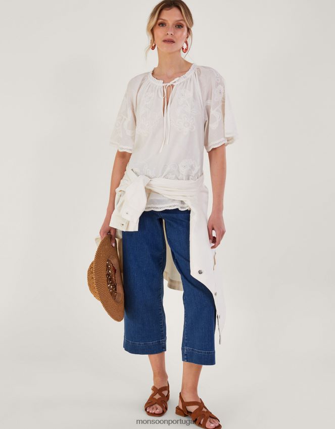 roupas blusa manga curta bordada Monsoon mulheres branco RPLH8F201