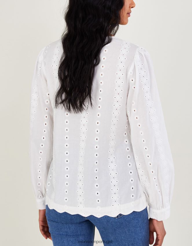 roupas blusa manga longa bordada schiffli Monsoon mulheres branco RPLH8F1112