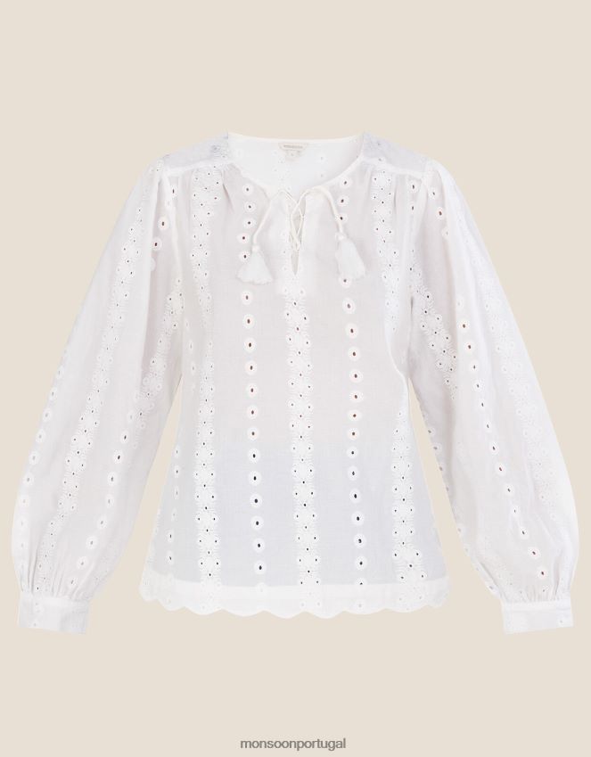 roupas blusa manga longa bordada schiffli Monsoon mulheres branco RPLH8F1112