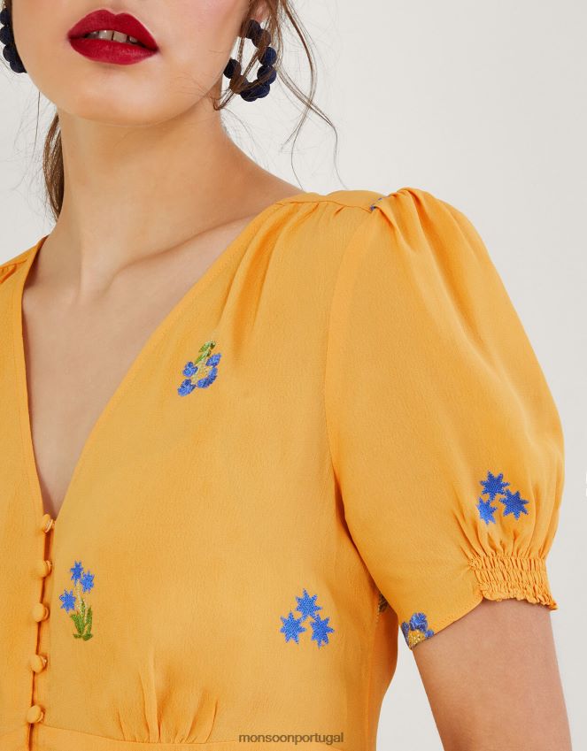 roupas tampo de chá bordado ollie em viscose sustentável Monsoon mulheres amarelo RPLH8F814
