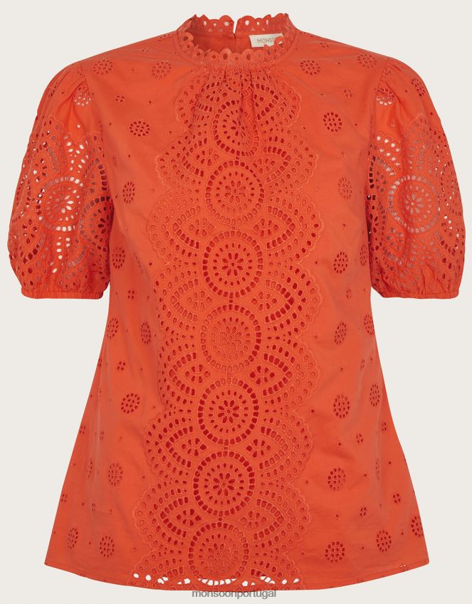 roupas top alessa cutwork com algodão orgânico Monsoon mulheres laranja RPLH8F810