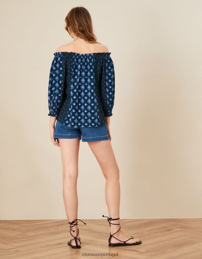 roupas top bardot com estampa de patch e manga enfeitada Monsoon mulheres azul-marinho) RPLH8F1125