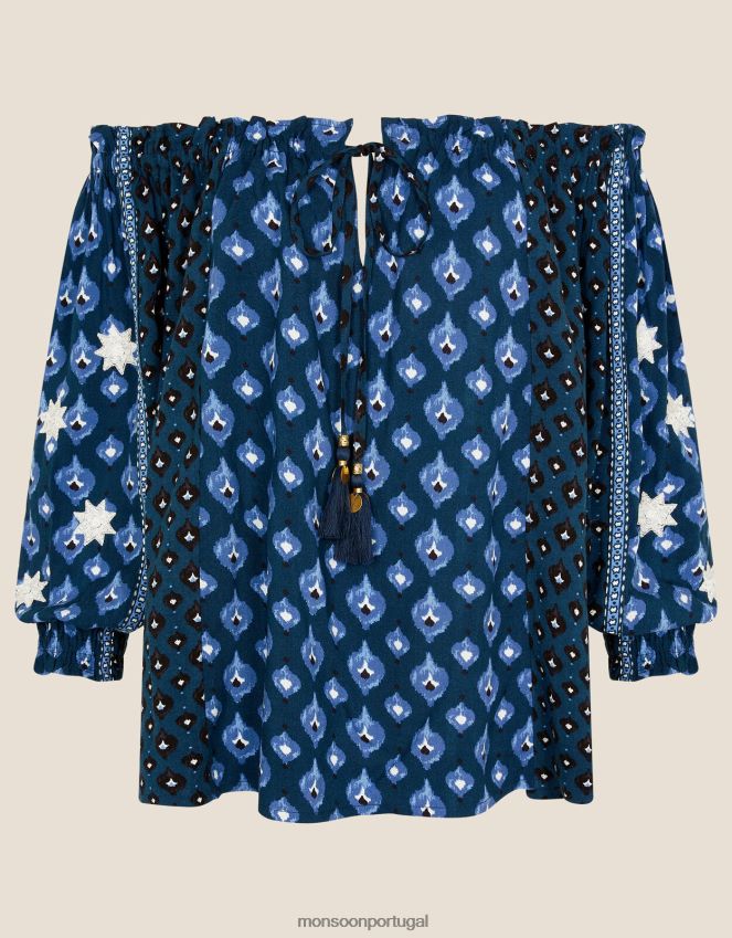 roupas top bardot com estampa de patch e manga enfeitada Monsoon mulheres azul-marinho) RPLH8F1125