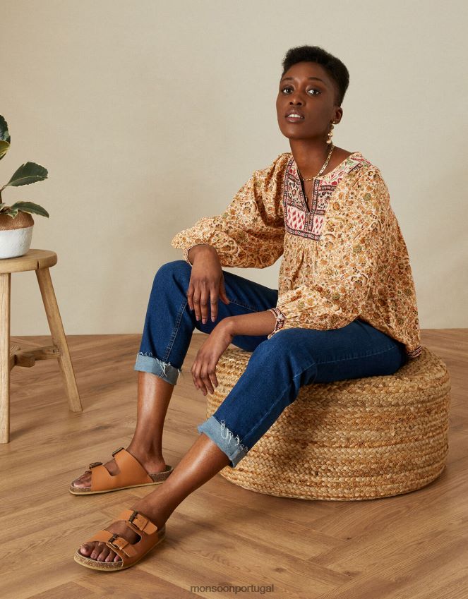 roupas top boho premium embelezado Monsoon mulheres natural RPLH8F657