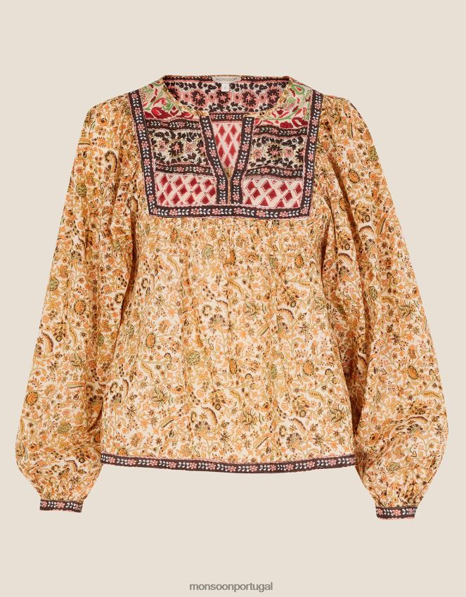 roupas top boho premium embelezado Monsoon mulheres natural RPLH8F657