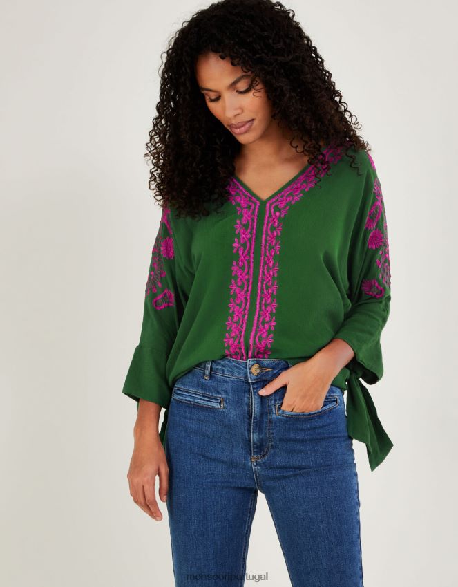 roupas top bordado christina em viscose sustentável Monsoon mulheres verde RPLH8F1077
