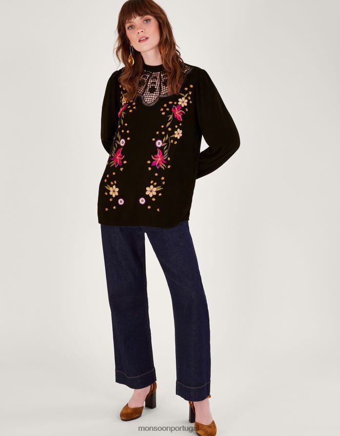 roupas top bordado floral cutwork Monsoon mulheres preto RPLH8F514