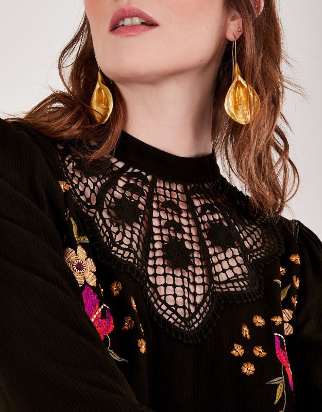 roupas top bordado floral cutwork Monsoon mulheres preto RPLH8F514