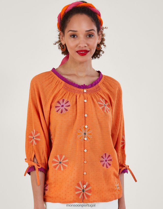 roupas top com botões bordados florais Monsoon mulheres laranja RPLH8F212