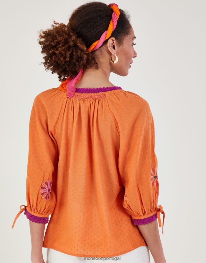 roupas top com botões bordados florais Monsoon mulheres laranja RPLH8F212