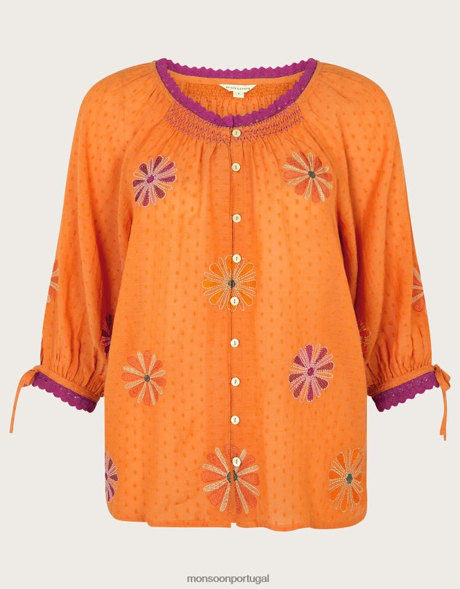 roupas top com botões bordados florais Monsoon mulheres laranja RPLH8F212