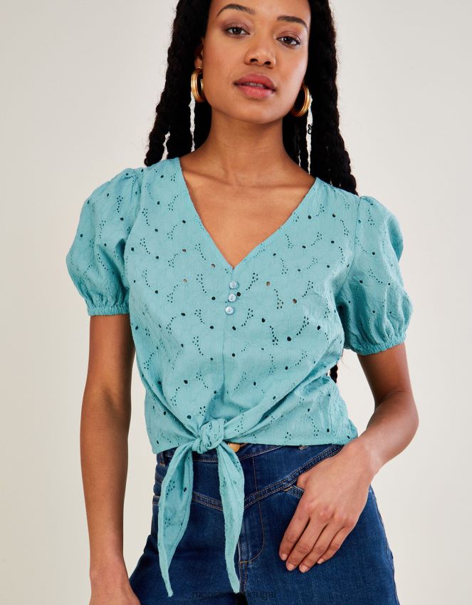 roupas top com detalhe de gravata Schiffli em algodão sustentável Monsoon mulheres azul RPLH8F840