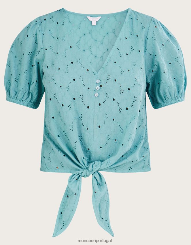 roupas top com detalhe de gravata Schiffli em algodão sustentável Monsoon mulheres azul RPLH8F840