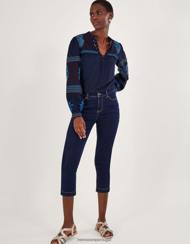 roupas top com estampa embelezada com pétalas Monsoon mulheres azul RPLH8F1012