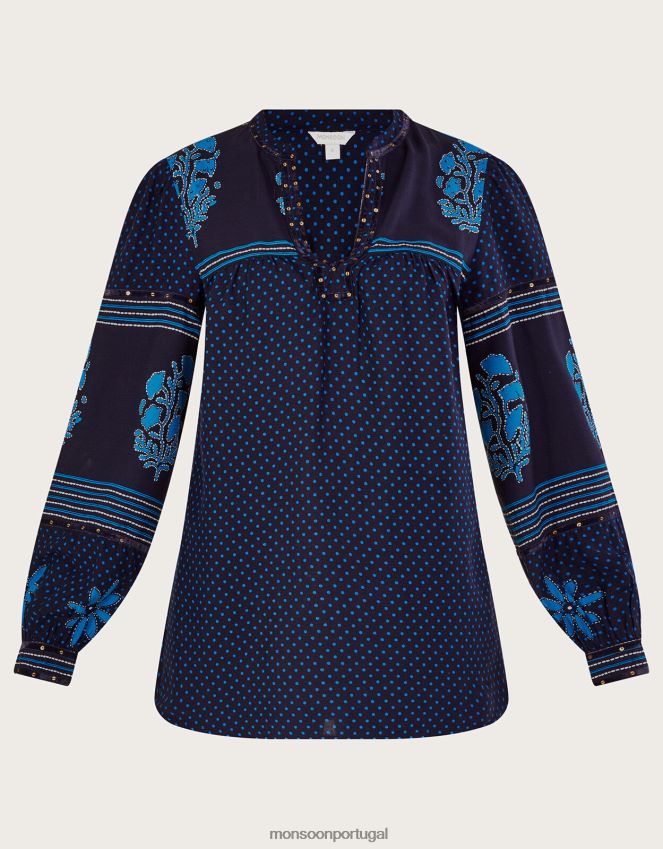 roupas top com estampa embelezada com pétalas Monsoon mulheres azul RPLH8F1012