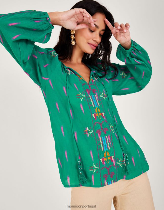 roupas top com gravata bordada Monsoon mulheres verde RPLH8F624