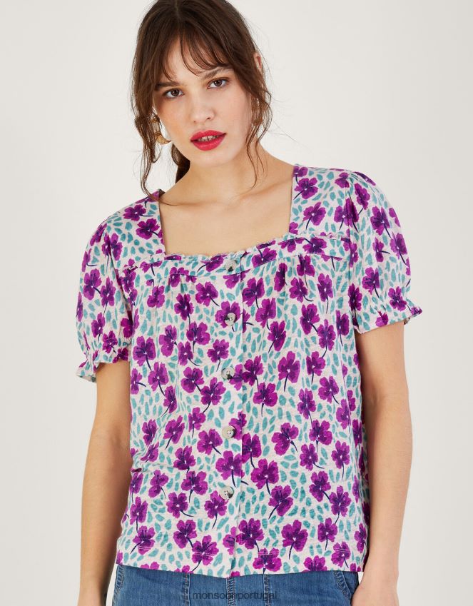 roupas top de linho floral de manga curta com decote quadrado Monsoon mulheres branco RPLH8F500