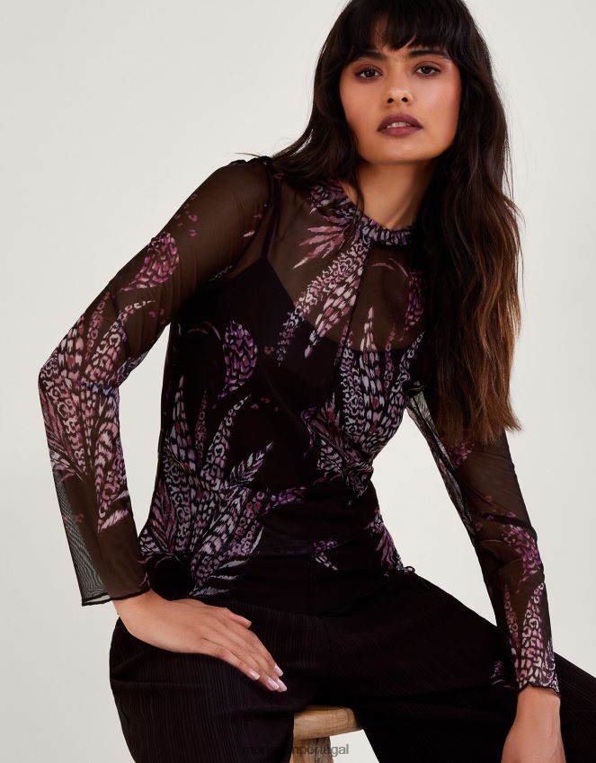roupas top de malha estampado Monsoon mulheres preto RPLH8F45